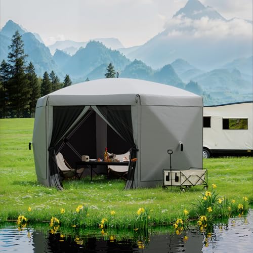 13x13 ft Pop Up Gazebo Screen Tent with 6 Wind Panels - Instant Setup Outdoor Canopy, Wind & Rain Resistant Shelter with Full Mesh Walls for Camping, Backyard and Garden,Grey by Garvee - Image 7