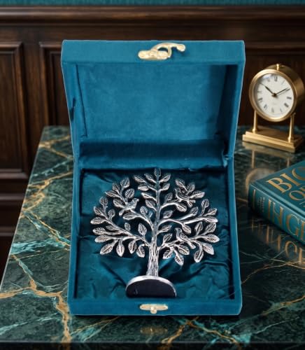 Image of Metal Kalpavriksha Tree for Home Decor - Golden Wish Fulfilling Tree Metal Showpiece for Temple, Vastu, Office Table & Gifting Banyan (No 0 Silver with Box)