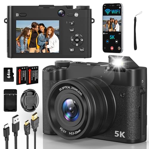 5K Digital Camera, WiFi Cameras for Photography & Video with 3X Optical Digital Zoom, Autofocus Vlogging Camera for YouTube, 64MP Travel Digital Camera with 64GB Card, 2 Batteries