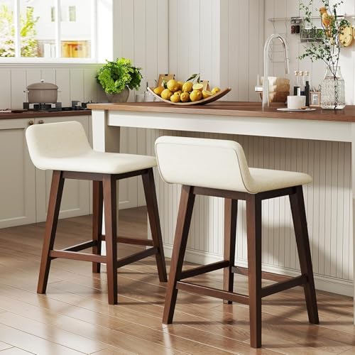 Giantex 24' Bar Stools Set of 2, Upholstered Counter Height Barstools with Low Back, Footrest, Armless Wood Bar Chairs for Kitchen Island, Dining Room, Brown & Beige