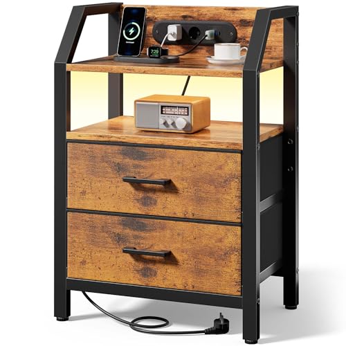 SOLAVERO Tables de Chevet avec LED, Table de Nuit avec Prises & Ports USB, Table d'Appoint avec 2 Tiroirs en Tissu & 2 Étagère, pour Chambre, Salon et...
