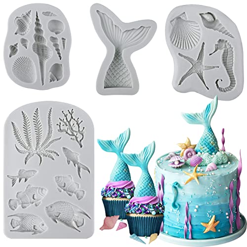Image of Sakolla 4 Pcs Marine Theme Silicone Fondant Molds, Mermaid Tail Seashell Conch Starfish Shape Silicone Molds for Cake Decoration, Chocolate, clay, Crafting