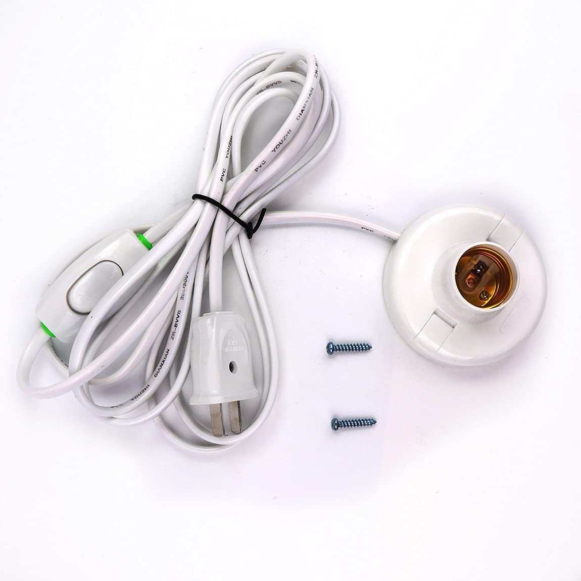 1pcs White Hanging Light Cord E27 Light Bulb Socket to 2-Prong with On/Off Switch (About 80mm Base & 9.2ft Wire)