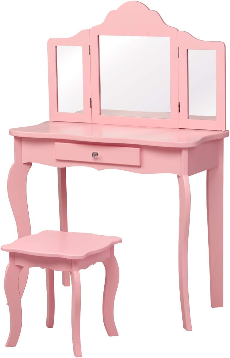 GOFLAME Wooden Vanity Table with Tri-Folding Mirror and Stool for Kids, Writing Table with Detachable Top and Large Capacity Drawer, E1 Grade MDF and Solid Wood Material (Pink)
