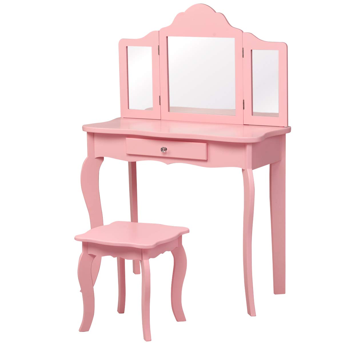 GOPLUS Kinder Schminktisch mit 3 Klappbaren und Abnehmbaren Spiegel, Frisiertisch, Kindertisch aus Holz, 1 Hocker, 1 Schublade, inkl. Haarseilset, für Mädchen, im Schlafzimmer (Rosa)