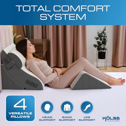 Image of Kolbs Bed Wedge Pillow for Sleep Apnea, FSA Eligible Acid Reflux, and Back Pain Relief, with Chic Jacquard Cover - Headboard Wedges for Sleeping (4 Piece Wedge Set)