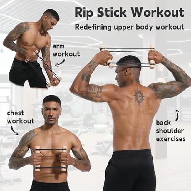 Rip Stick Workout - Upper Body Workout Equipment Home Gym - with Adjustable Resistance Bands - Portable Wooden Exercise Equipment - Joint Rehab