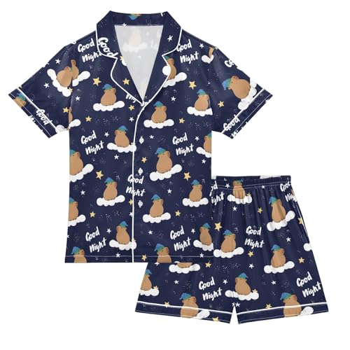 Good Night Capybara Summer Satin Pajama Set, Cute Button-Down Sleepwear Pj Set for Sleep Wears