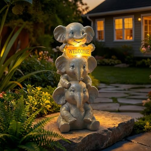 Lyeasw Solar Elephant Garden Statue with Lighted Welcome Sign Outdoor Decor for Patio Porch Yard Cute Elephant Family Figurine for Garden Gift for Mom Grandma Garden Lovers
