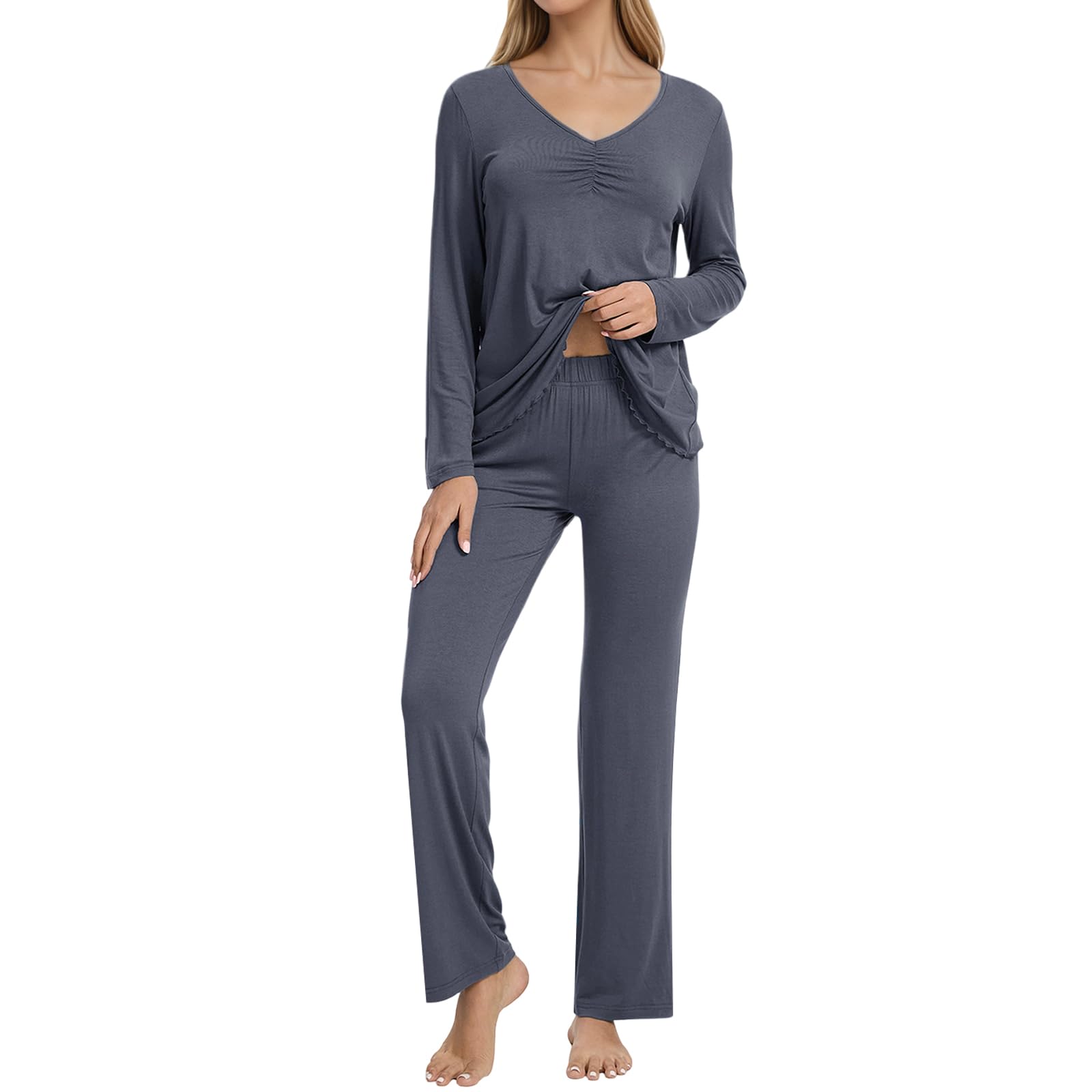 Zinnora Damen Schlafanzug Set, Weiches Zweiteiliges Pyjama Set mit V-Ausschnitt, Bequeme Nachtwäsche aus Feinstrick