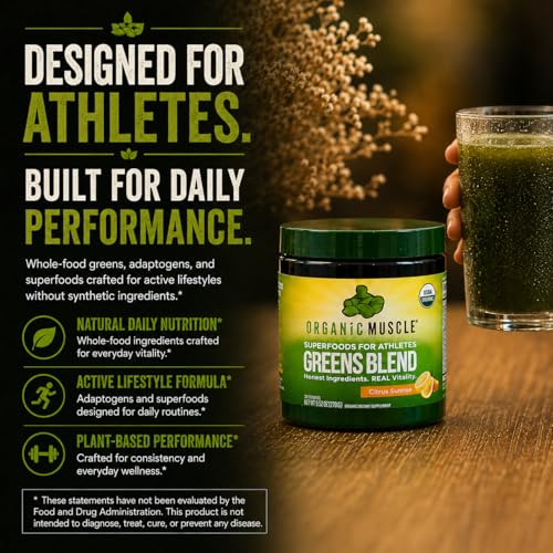 Image of Organic Muscle Super Greens Powder superfood Supplement | USDA Certified Organic with Spirulina, Chlorella, Matcha, Probiotics | Plant Based, Vegan, Keto, Non-GMO | Lemon Flavor, 30 Servings