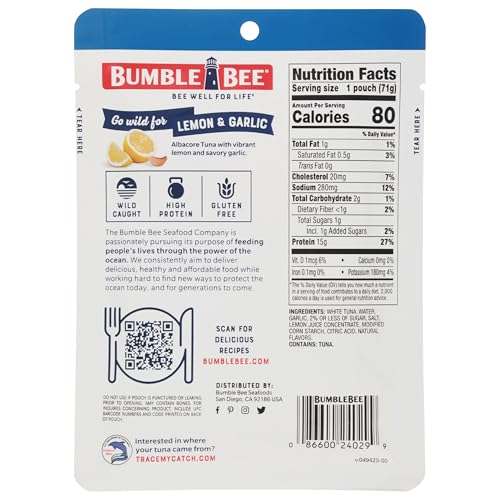 Image of Bumble Bee Lemon & Garlic Seasoned White Albacore Tuna in Water, 2.5 oz Pouch (Pack of 12) - Wild Caught Tuna - 15g Protein per Serving, High in Omega-3s - Non-GMO, Gluten Free - No Draining Required