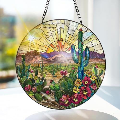 Bimkole Cactus Stained Glass Suncatcher Window Hanging - Plants Indoor Window or Doorway Decoration - Handmade Sun Catcher Decor for Garden Home Christmas & Birthday Gifts 7.87x7.87 Inch