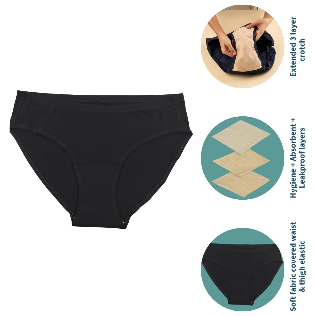 Pristine Life | Urine Leak Proof Panties For Women | Wash & Reusable | Absorbs 25ml Of Leaks | Anti Bacterial, Hygienic & Leakproof | Comfy Cotton | Pack Of 2 | Black & Skin | S 1