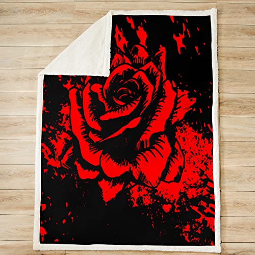 Girls Rose Fleece Throw Blanket Rose Blooming Floral Print Sherpa Blanket Women Romantic Flowers Pattern Plush Blanket Luxury Red Black Decor Fuzzy Blanket For Sofa Bed Couch,Throw 50X60 Inch #TOP2