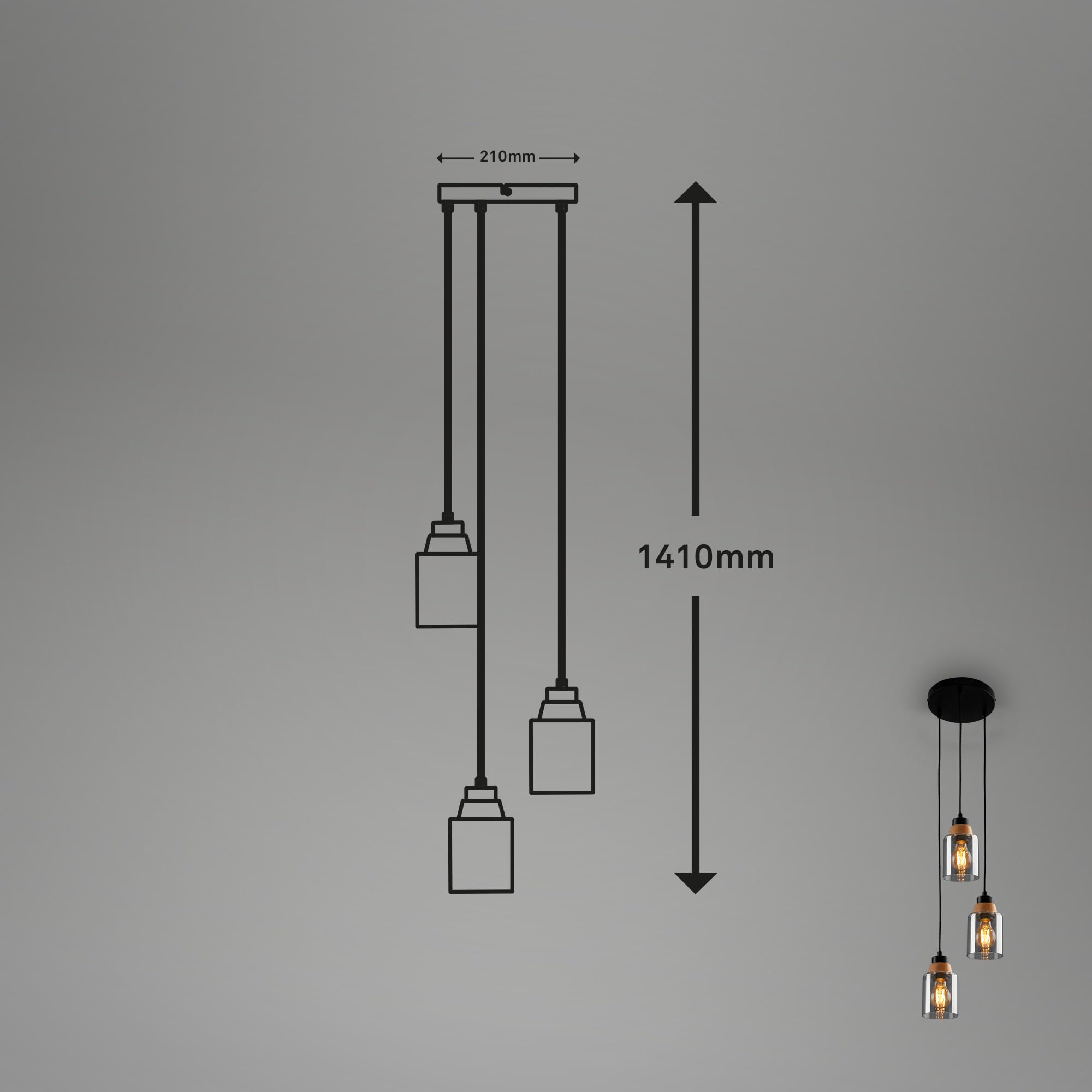 BRILONER – 3-flammige Pendelleuchte, Rauchglas, Deckenlampe, Deckenleuchte, Lampe, Wohnzimmerlampe, Lampenschirm aus Rauchglas, Hängelampe, Kronleuchter, Schlafzimmerlampe, Schwarz-Holz
