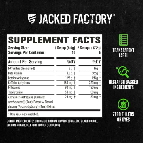 Image of Jacked Factory NITROSURGE Pre Workout Supplement - Endless Energy, Instant Strength Gains, Clear Focus, Intense Pumps - NO Booster & Preworkout Powder with Beta Alanine - 10 Servings, Cherry Limeade