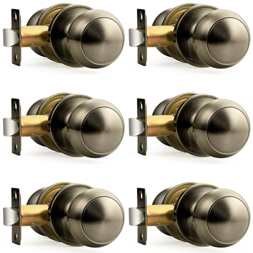 Probrico Interior Door Knob for Hallway, Antique Brass Door Knobs Closet Door Knob, Passage Door Knobs with Round Ball Knob, 6 Pack
