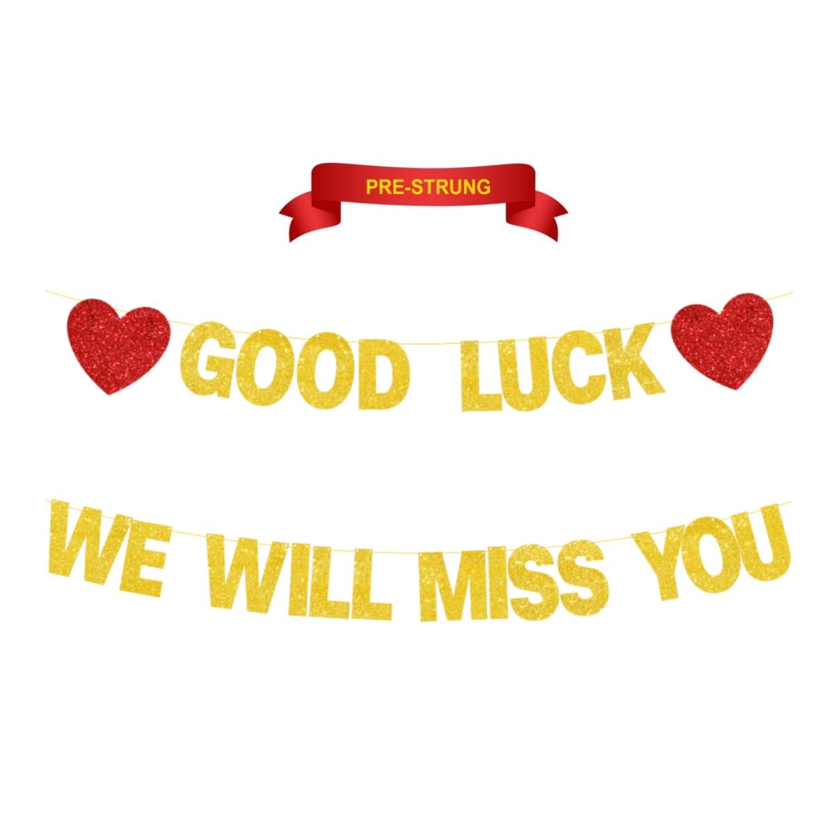 Good Luck We Will Miss You Banner Backdrop, Pre-Strung, Gold Glitter Going Away Party Decorations Goodbye Party Decor Poster, Moving Away Party Banner