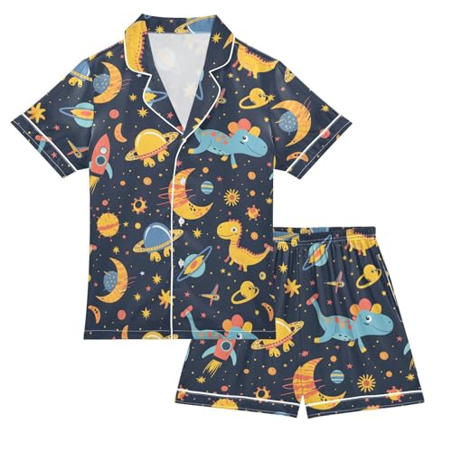ALAZA Solar System Space Dinosaur Moon Satin Pajamas Set Short Sleeve Button Down Sleepwear Summer Pjs 2 Piece