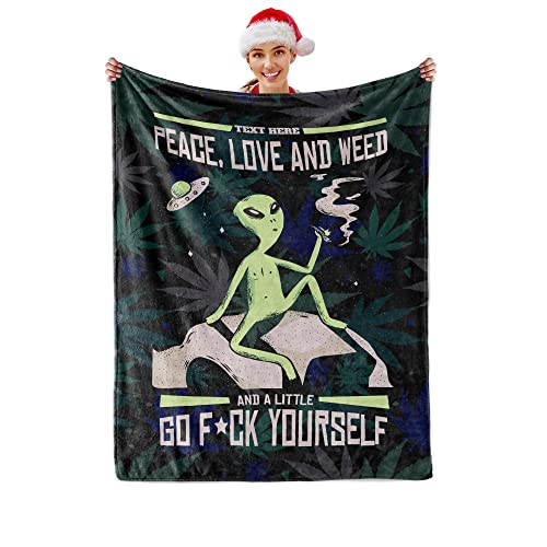 Eccustomized Custom Cannabis Leaves Throw Blanket, Marijuana Weed Leaf Blanket For Men Women Aliens Smoke Throws 80"X60"Inches Blanket For Bed Sofa Couch,Peace Love And Weed cover