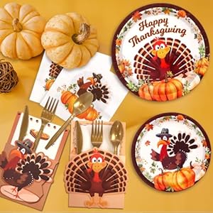 194Pcs Thanksgiving Paper Plates and Napkins Cutlery Holders Thanksgiving Disposable Dinnerware Set Knives Forks Spoons Dinner Plates Dessert Plates and Napkins Turkey Party Supplies
