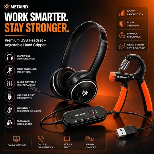 Image of Metaind USB Headset with Noise Cancelling Mic Meta MT30 & Adjustable Hand Gripper Combo | Wired Headphones for Office, Gaming, Online Classes, Work from Home