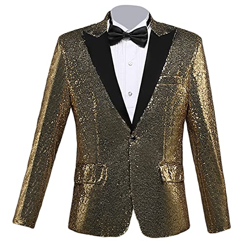 Men's Shiny Sequins Suit Blazer One Button Sequin Festival Party Tuxedo Slim Fit Banquet Prom Wedding Sport Coat (Golden,Small)