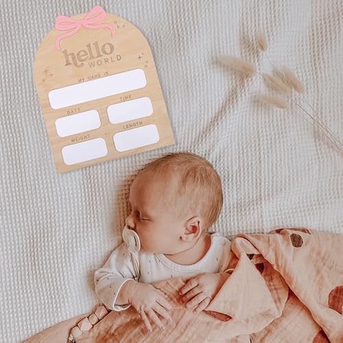 Image of Bow Baby Birth Announcement Sign-Wooden Milestone Card, Hello World Sign, Nursery Decor, Birth Announcement Board, Decorative Photo Props Baby Shower, and Souvenirs