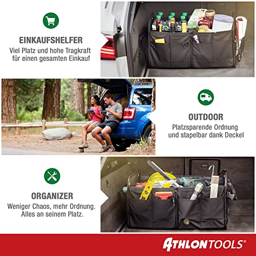 ATHLON TOOLS Premium Kofferraumtasche mit Deckel - 60 Liter XXL Kofferraum-Organizer - Extra stabile & wasserfeste Böden - mit Antirutsch-Klett
