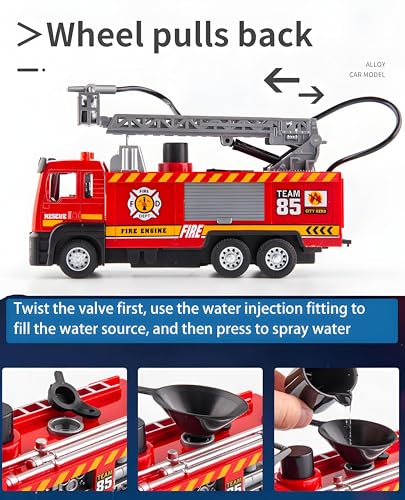 Image of Fire Fighter Truck Toy with Water Spray, Lights & Sound, Pull Back Fire Engine with 360 Rotating Ladder, Die Cast Fire Brigade Truck Toy for Kids Boys Girls
