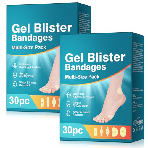 30PCS Hydrocolloid Gel Blister Bandages Pads, Multi-Size Waterproof Adhesive Blister Bandages, Waterproof Blisters Pads & Blisters Cushions for Heel, Toe & Foot, 2Pack