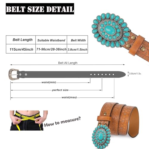 Women's Western-Turquoise-Cowboy-Belt - Vintage-Embossed-Cowgirl-Waist-Belt with Turquoise-Buckle for 28-38''waist2