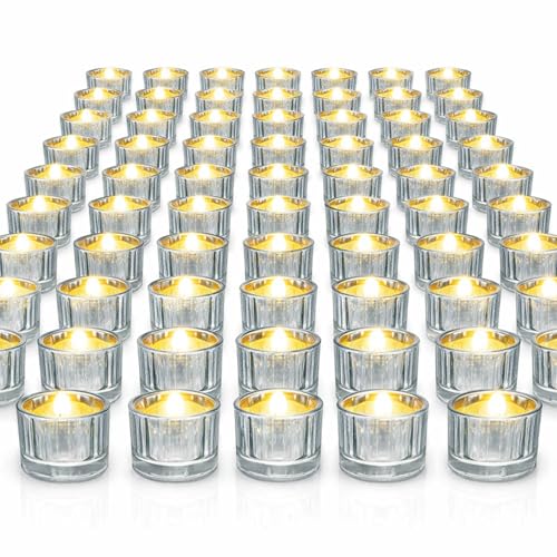Mumufy 100 Pcs Glass Tealight Candle Holder Ribbed Votive Candle Holder for Centerpiece Wedding Proposal Spa Aromatherapy Meditation Home Decor (Silver)