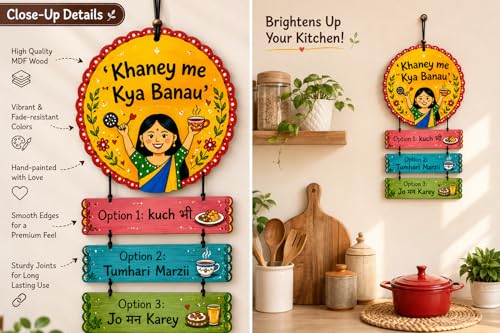Image of Dakshestry Artworks Funny Hindi Quote Kitchen Wall Hanging | Wooden Kitchen Decor Sign Board | inchKhaney Me Kya Banau inch Wall Art for Dining Room, Cafe, Restaurant & Indian Home Decoration