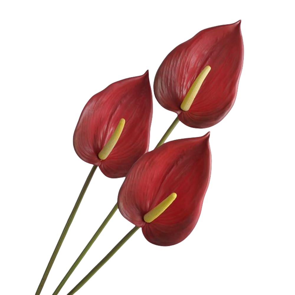 Corkwaw 3Pcs Artificial Anthurium Lily Flowers for Home Decor Dining Table Centerpiece Prom Party Decor (Red)