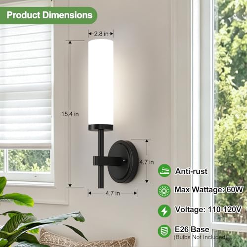 Image of MOKATNG [Hardwired] Wall Sconces Set of Two, Matte Black Bathroom Sconces with Milky White Glass, Modern Wall Light Fixtures for Bathroom Mirror Vanity, Living Room, Hallway, Stairway, Cabinet, Foyer