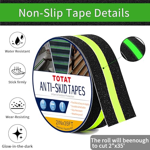 Image of Glow in Dark Anti Slip Tape, 2 inch x35FT Heavy Duty Waterproof Safety Grip Tape for Stairs, Pool, Bathroom - Black & Glow Stripe Indoor /Outdoor Multi-Purpose Traction Tape