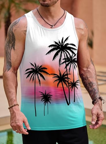 Image of VOGSTART Mens Hawaiian Beach Tank Tops Summer Vacation Muscle Top Graphic Sleeveless Shirts (S-3XL)