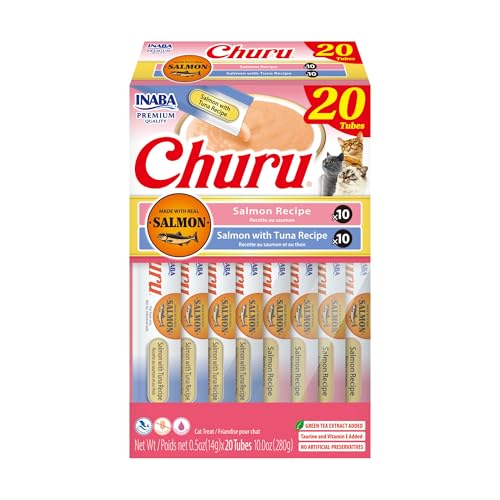 Image of INABA Salmon Churu Cat Treats, Lickable, Squeezable Creamy Puree Cat Treat with Green Tea Extract & Taurine, 0.5 Ounces Each Tube, 20 Tubes, Salmon & Tuna Variety Box