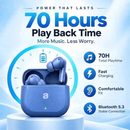 Image of True Wireless Bluetooth Earbuds with 70 Hours Extended Playback, Deep Bass 12.4mm Drivers, Clear Dual-Mic Calling, 3D Surround Sound, Seamless 47ms Gaming Latency - Blue