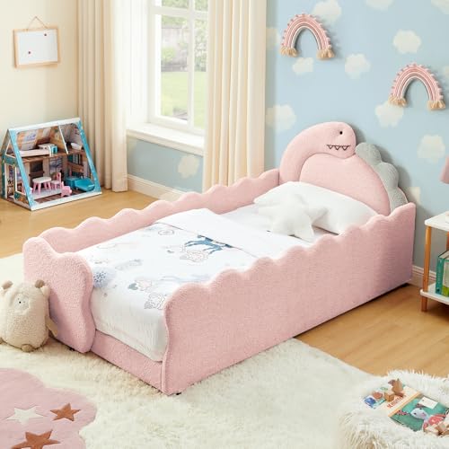 Image of Twin Size Kids Bed with Dinosaur Headboard, Upholstered Boucle Fabric Twin Daybed with Slats Support & Side Pocket, Space-Saving Wooden Corner Sofa Couch Day Bed Frame for Girl, Boy, Teenager(Pink)