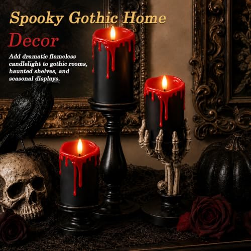 Image of Homemory Black Red Drip Real Wax Flameless Candles, Remote Timer, Set of 3