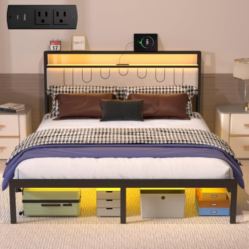 Image of J.Fkne Full Bed Frames with Charging Station and LED Lights, Full Size Platform Bed with Metal Slats, Upholstered Headboard with 2-Tier Storage Shelves, No Box Spring Needed, Easy Assembly, Black