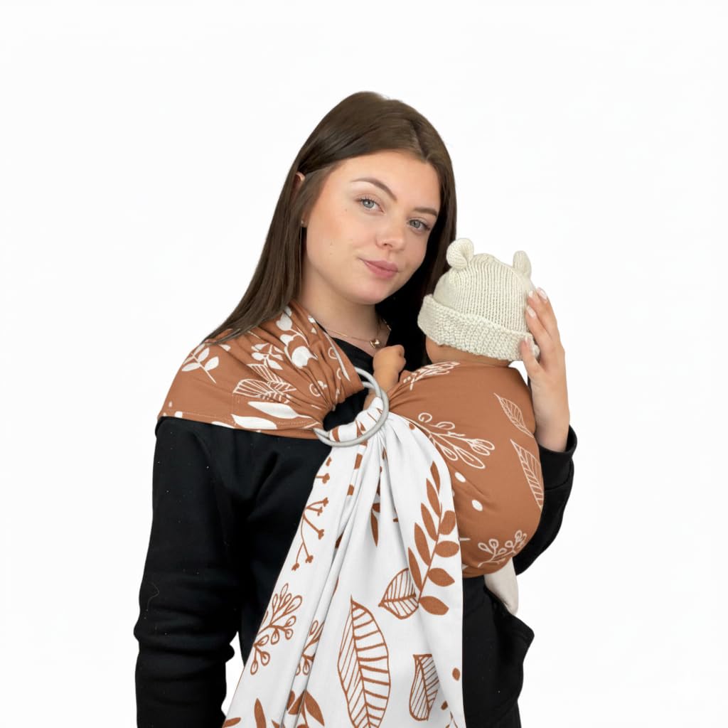 Naturioù - Ring Sling - Écharpe de Portage Sans Noeud Jacquard - 100% Coton - Motif Réversible - Botanie Caramel
