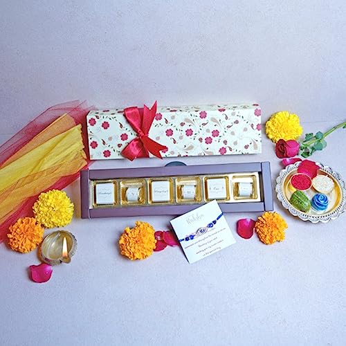 Image of Velvet Fine Chocolates Rakhi Gift Hamper with 6 Assorted Chocolates, 1 Rakhi and 1 Card