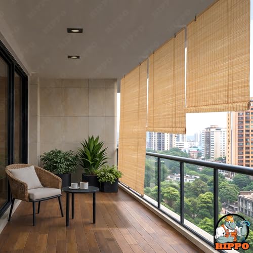 Image of HIPPO Bamboo Curtains - W-4 FT X H-9 FT Rope Mechanism Roll Up Down Indoor Bamboo Shade for Sun & Dust Protection for Home Window, Balcony, Restaurant, Hotel, Resort (Natural Wood)