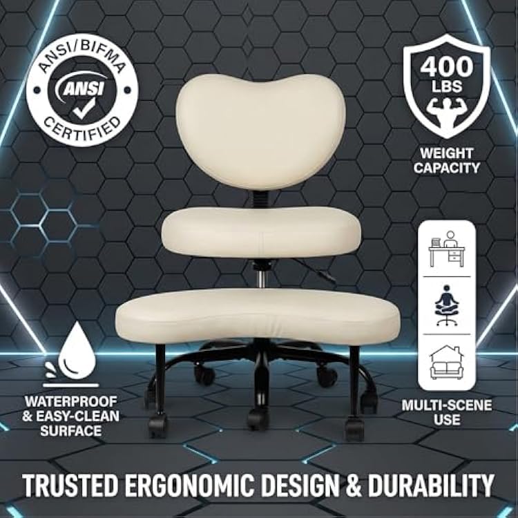 Ergonomic Criss Cross Chair, Oversized Cross Legged Office Chair with Lumbar Support & 6.7 Retractable Footrest, ANSI/BIFMA Certified ADHD Meditation Chair for Home Office (Off White)