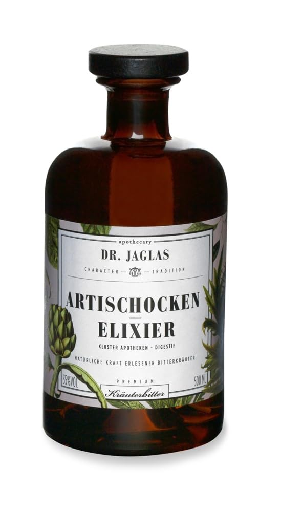 Dr. Jaglas Artischocken Elixier 500ml - Kräuterlikör - pur oder als Gin-Alternative mit Tonic - Bitter Schnaps 35% Vol. mit Artischockenblättern