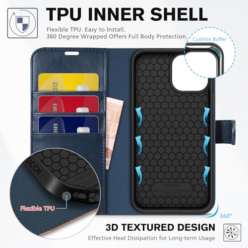 Image of TUCCH Wallet Case for iPhone 13 (6.1 inch) 2021, Flip Stand, Blue & Brown | RFID Blocking, 3 Card Holders, Kickstand, PU Leather, Shockproof TPU Shell, Magnetic Closure, Protective Folio Cover